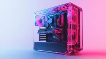 Stylish computer build with RGB lighting in a transparent case showcased against a gradient background photo