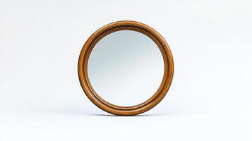 A round wooden mirror with a simple design against a plain white background photo
