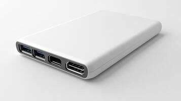 White portable power bank with multiple USB ports on a plain background photo