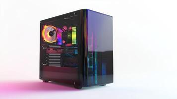 A modern gaming PC setup with colorful RGB lighting displayed on a clean, white background photo