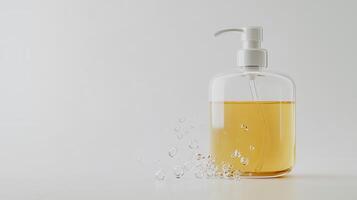Clear bottle of liquid soap with a pump on a minimalist background during daylight photo