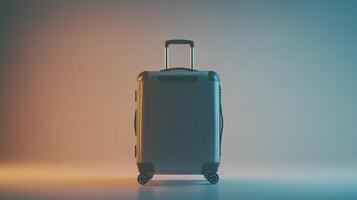 Modern suitcase against a colorful gradient backdrop, showcasing travel essentials in a minimalist style photo