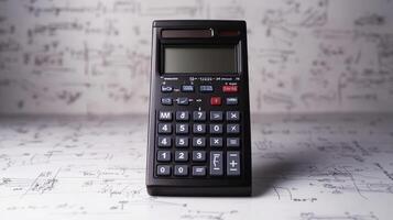 A scientific calculator on a patterned background of mathematical sketches and diagrams photo