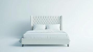 Elegant white upholstered bed with tufted headboard in minimalist bedroom setting photo