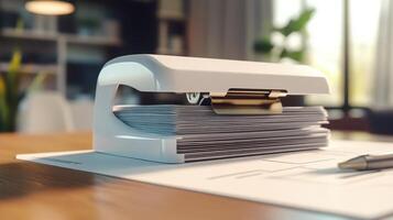 Document stapler on a wooden desk with organized papers and natural light from a window in a modern office setting photo