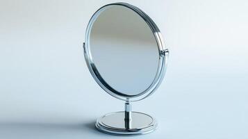 A simple silver vanity mirror on a smooth surface with a soft reflection during daylight photo