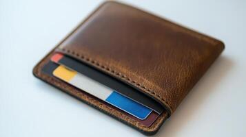 A brown leather wallet with several cards peeking out on a light background photo
