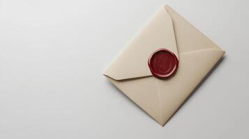 Sealed envelope with red wax seal on a light background photo