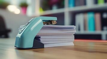 A blue stapler rests on a pile of papers in a bright office with colorful bookshelves and plants nearby during daylight photo