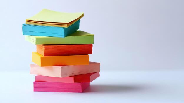 A stack of colorful sticky notes arranged on a plain surface in a bright workspace photo