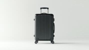 A sleek black suitcase with wheels ready for travel against a minimalist background photo