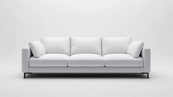 Modern white three-seater sofa in a minimalistic room with a light background photo