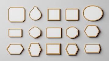 Collection of blank wooden frame shapes arranged on a neutral background photo