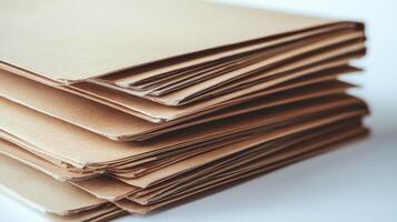 A stack of brown paper sheets arranged neatly on a white surface photo