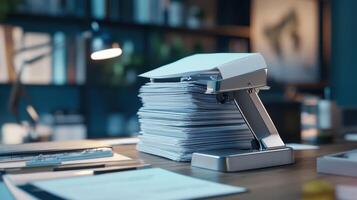 A stack of documents next to a stapler on a wooden desk in a modern office setting photo
