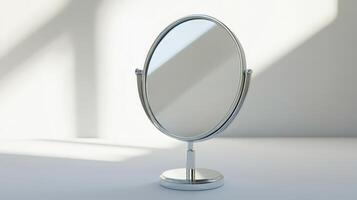 A silver tabletop mirror reflecting soft natural light in a minimalist setting photo