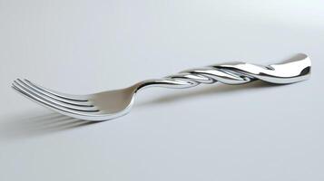 Unique twisted silver fork on a plain white background photo