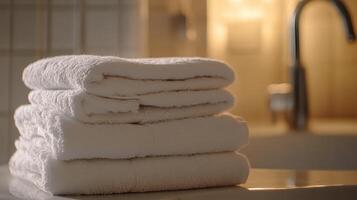 Neatly stacked white towels in a serene bathroom with soft lighting photo