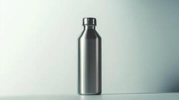 A sleek stainless steel water bottle stands on a clean surface against a softly lit background photo