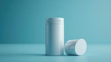 Clean white cylindrical container with lid on a blue background, showcasing a minimalist design photo
