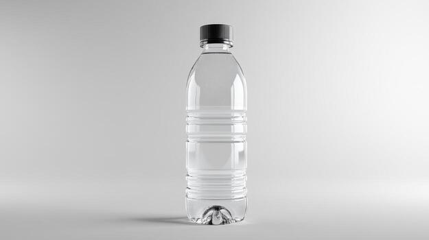 Clear plastic water bottle on a light background, showcasing its shape and design in a minimalist setting photo