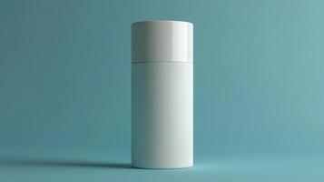 Minimalist white bottle on a soft blue background in a studio setting photo