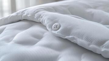 Soft white bedding covers a cozy duvet with a button detail, captured in a bright, inviting bedroom setting during the day photo