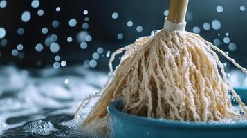 Mop rinsing in a blue bucket with splashes of water in a well-lit cleaning area photo