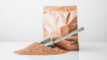 A bag of brown powder with a metal scoop beside it on a white surface photo
