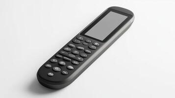 A modern remote control resting on a white surface in a well-lit setting showcasing its sleek design and numerous buttons photo