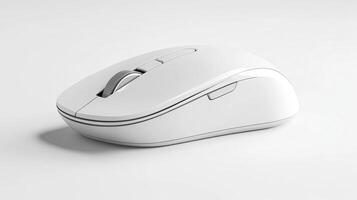 A sleek white wireless mouse positioned on a clean surface with natural sunlight illuminating its design photo