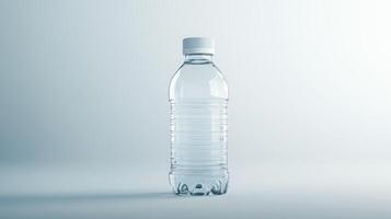 Clear plastic water bottle standing upright against a light background in a minimalist setting photo