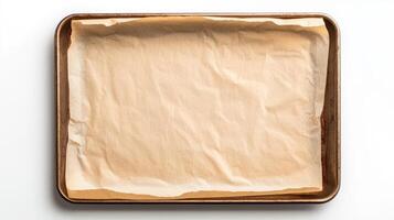 Cooking tray lined with crumpled parchment paper ready for baking cookies in a kitchen photo