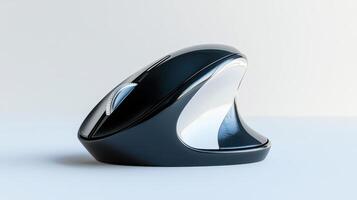 A sleek black ergonomic computer mouse on a white surface in a modern workspace photo