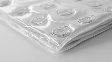 Clear plastic pouch filled with air pockets resting on a flat surface in a well-lit setting photo