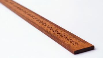 A wooden ruler with measurements displayed on a white background photo