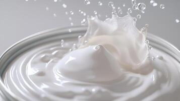 Cream splashing from an open can on a smooth surface illuminated by soft light photo