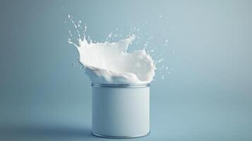 A splash of milk from an open can against a soft blue background photo