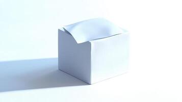 Plain white box with a slightly lifted flap on a bright surface photo