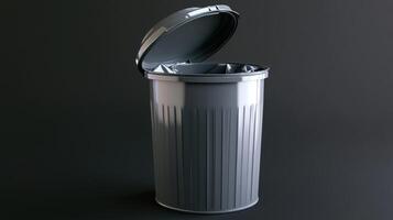 Gray metal trash can with an open lid against a dark background photo