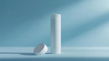 Minimalist cylindrical container with lid on a light blue background during bright daylight photo