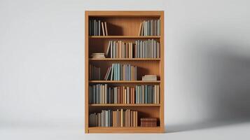A wooden bookshelf filled with neatly arranged colorful books in a minimalistic setting photo