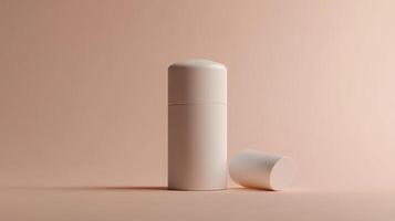 Minimalist white cosmetic container on a soft pink background, showcasing a modern design for beauty products photo