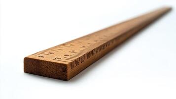 A wooden ruler with metric and imperial measurements on a white background photo