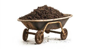 A wheelbarrow filled with rich soil stands ready for gardening work in a well-lit area photo
