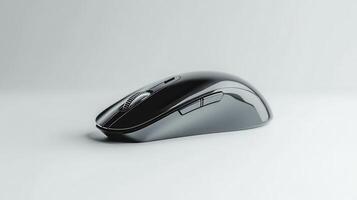 A sleek wireless computer mouse resting on a smooth surface in natural light, showcasing its modern design and ergonomic shape photo