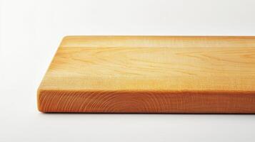 Wooden cutting board on a plain background with natural grain patterns and smooth edges displayed in bright lighting photo