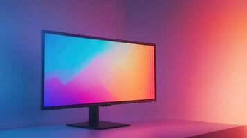 The modern computer monitor with vibrant colors illuminating a minimalist workspace in evening light photo