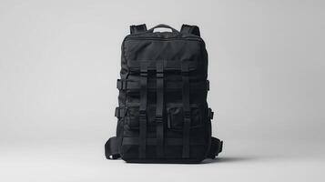 Black tactical backpack displayed against a minimalist backdrop highlighting its functionality and design photo
