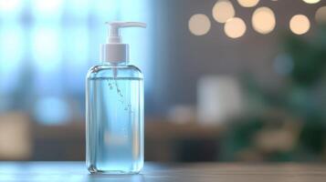 Clear liquid soap dispenser with pump on a countertop in a softly lit modern kitchen setting photo